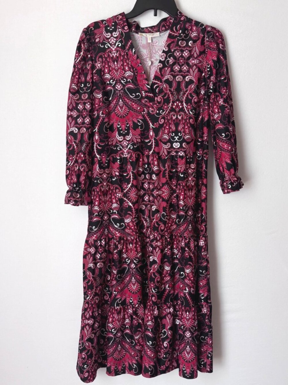 Jude Connally Women Paisley Midi Dress Long Sleeve Tiered Dress Size M